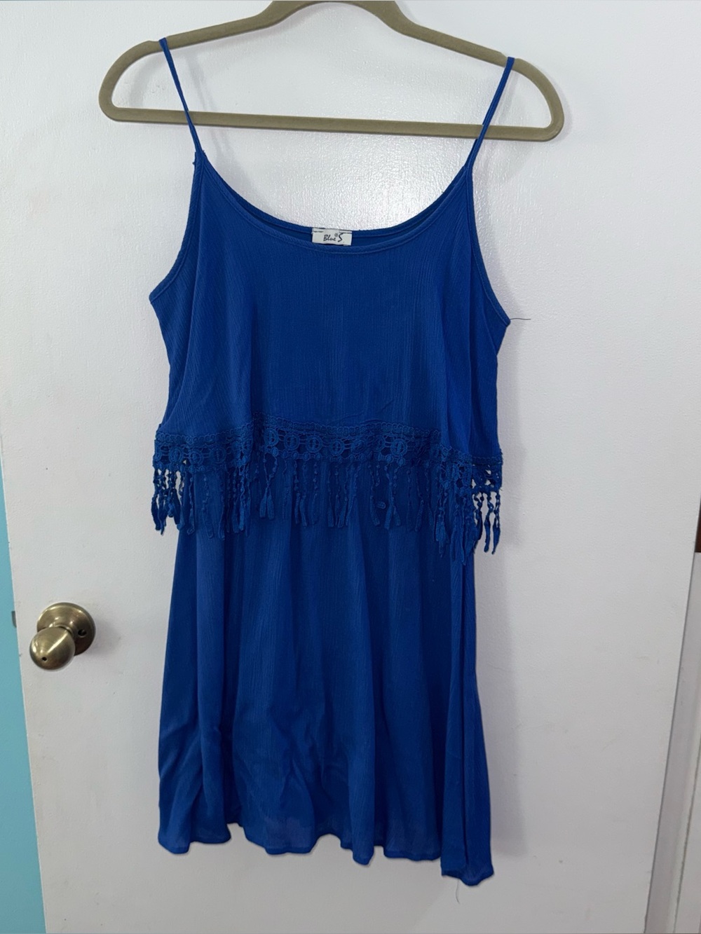 Women's Blue Spaghetti-Strap Dress with Crochet Waist XS